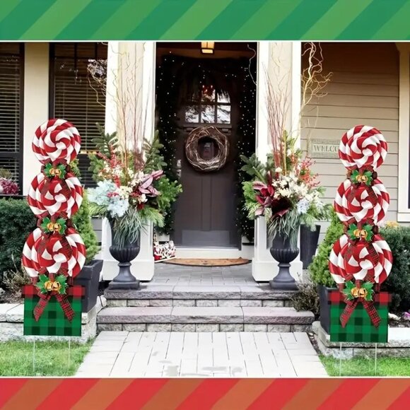 Set of 2 Classic Holiday Festive Christmas Candy Cane and Package Yard Stake Set - Picture 1 of 3